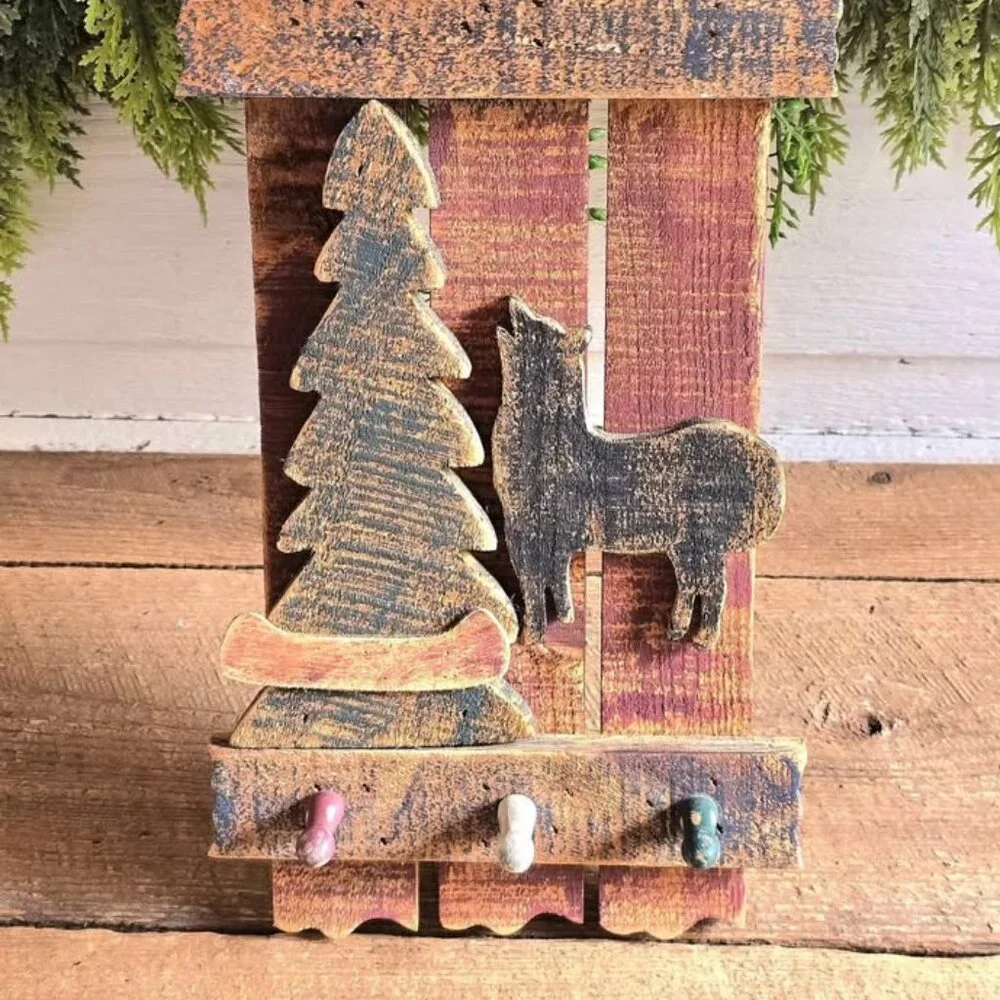 Primitive Distressed Wooden Wolf Tree Canoe Key Peg Rack Cabin Wall Hanging